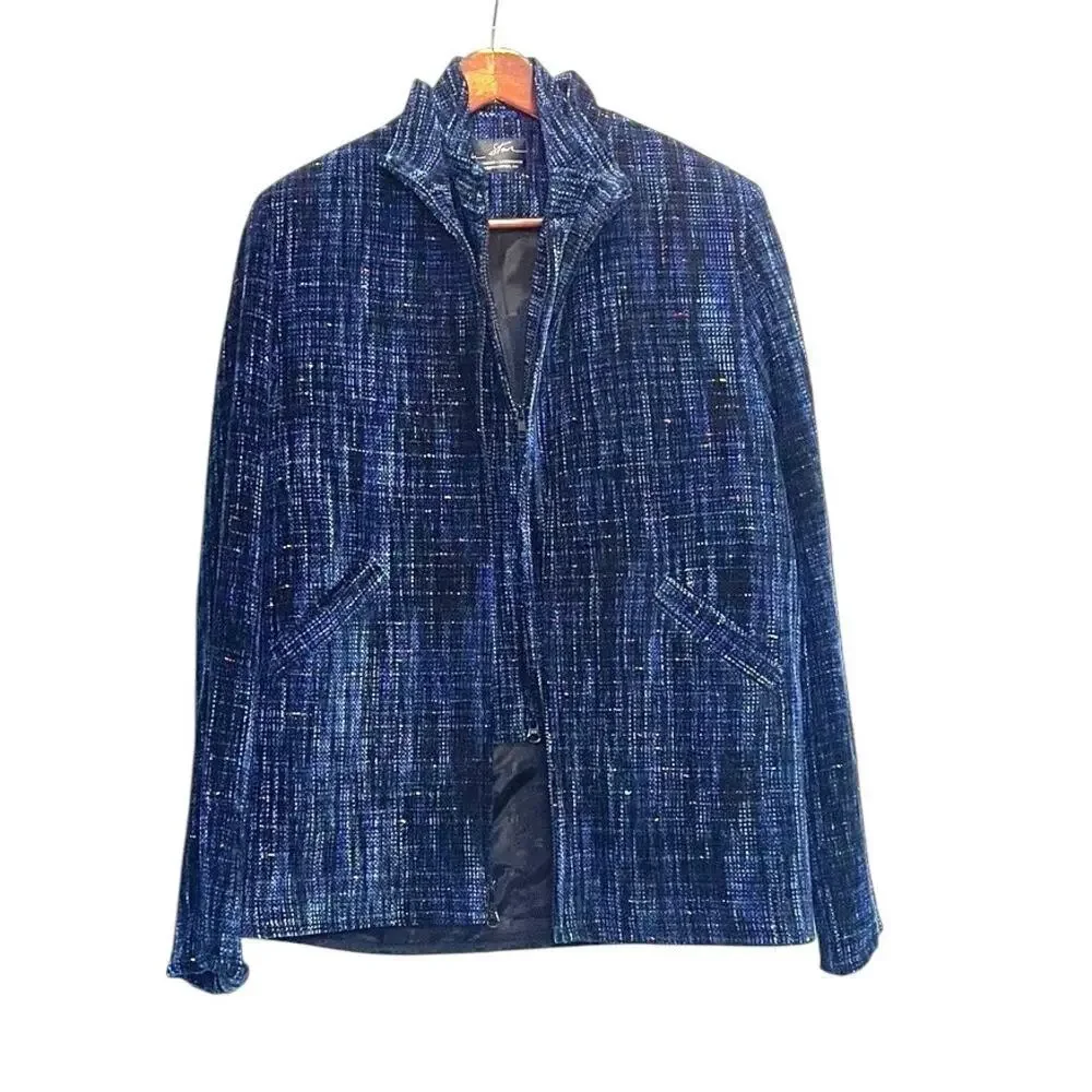 Bibi Stein Handwoven Jacket & Vest Set Navy Textured Full Zip Artisan Designer